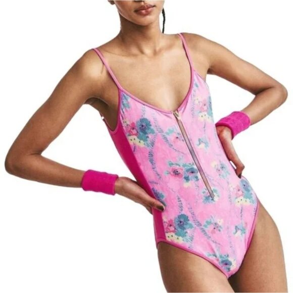 Nwt Love Shack Fancy x Beach Riot Cheryl Hints Hibiscus Floral Zip Swimsuit - Picture 1 of 11
